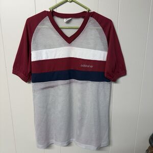 Vintage 70s Adidas Trefoil Mesh V-Neck Ringer Tee Made In USA Large GUC*